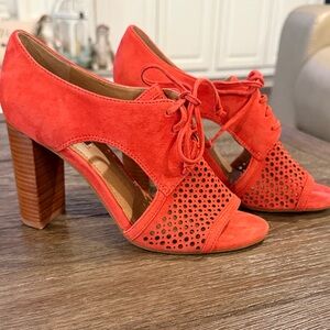 Tahari Megyn Coral-Orange Suede Lace-Up Peep Toe Block Heels